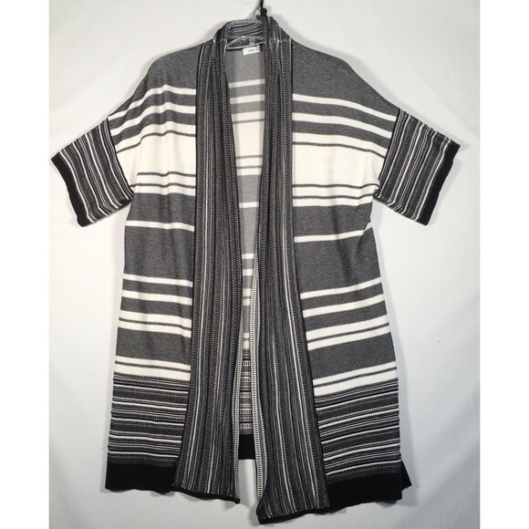 VINCE Women's Short Sleeve Open Front Long Striped Cardigan Black White SZ Small - Picture 2 of 13